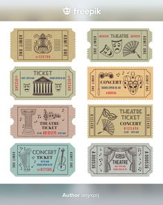 four tickets with different types of theatre and musical instruments on them, all in pastel colors