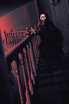 a person in a ghost mask standing at the top of a stair case with a knife