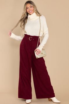 When you have to choose between "those" drab dress pants and these polished burgundy wide leg pants - I know you will choose the latter! You are always Keeping It Classy, in the office and beyond! These pants feature a paper bag style waistline, an adjustable belt, a zipper closure, and very flowy legs. Model is wearing an x-small. • 97% Polyester, 3% Spandex • Hand Wash Cold • Unlined • Imported Burgundy Wide Leg Pants, Burgundy Pants Outfit, Burgundy Corduroy Pants, Maroon Pants, Burgundy Pants, Top Ideas, Pants Outfits, Red Dress Boutique, Outfits 2023