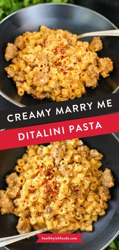 two black plates filled with pasta and meat on top of each other next to the words creamy mary me ditalini pasta