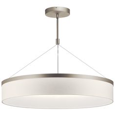 Add softness to modern dining tables and kitchen islands with the floating style of the Mercel chandelier/pendant in satin nickel. A sheer linen shade in grey or white appears suspended in air by thin wires. The LED light delivers illumination while keeping the look clean and simple. Kichler Mercel 1-Light Satin Nickel Transitional Led Chandelier | 42299SNLED Modern Dining Tables, Transitional Chandeliers, Kichler Lighting, Round Chandelier, 3 Light Chandelier, Chandelier Pendant, Drum Chandelier, Kitchen Islands, Led Pendant Lights