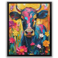 a painting of a cow with flowers in the foreground