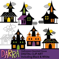 halloween house digital clip art including black and white