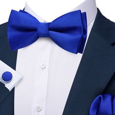 Barry Wang Royal Blue Pre-Tied Solid Silk Bow Tie Hanky Cufflinks Set Blue Tie For Formal Father's Day, Dapper Blue Tie Suitable For Gift, Dapper Blue Tie For Gift, Dapper Blue Tie As Gift, Blue Tie For Black Tie Event And Father's Day, Blue Adjustable Bow Tie And Suit Accessories, Blue Cufflinks For Father's Day Formal Occasion, Blue Cufflinks For Father's Day Formal Wear, Blue Cufflinks For Father's Day Formal Events