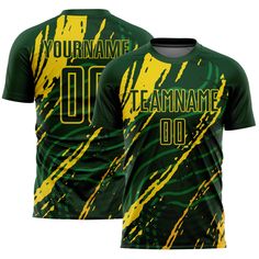 a green and yellow soccer jersey with the number 00 on it