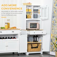 a kitchen with white cabinets and yellow accents