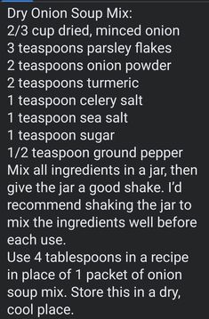 the recipe for teaspoon soup mix is shown in blue and white text on a black