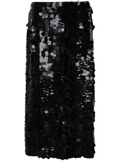 black sequin design high-shine finish high-waisted concealed rear zip fastening straight leg mid-length straight hem Sequins Midi Skirt, Luxury Long Sequin Skirt, Glamorous Sequined Midi Skirt, Luxury Embellished Black Skirt, Luxury Black Sequined Skirt, Embellished Midi Skirt, Black Sequin Skirt, Midi Skirt Black, Edgy Glam