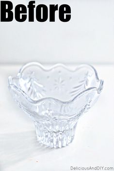 an empty glass bowl sitting on top of a white table next to the words before