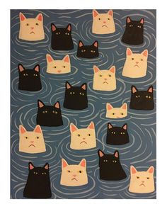 many cats are in the water with their faces drawn