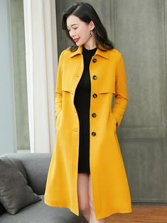 Custom Single Breasted Button Yellow Trench Coat Vivian Seven Yellow Coat Outfit, Yellow Trench Coat, Coat Tails, Clothing Studio, Long Rain Coat, Beige Trench Coat, Yellow Coat, Classic Trench Coat, Beautiful Dresses Short