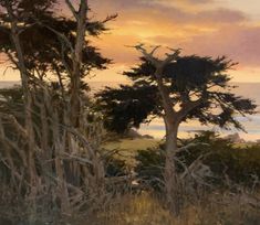 an oil painting of trees and the ocean in the background at sunset with clouds above