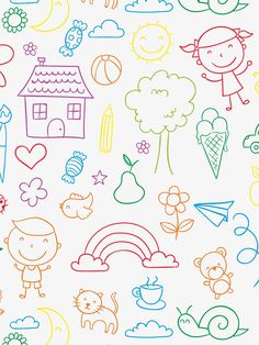 colorful children's doodles on white paper with rainbows, clouds and houses