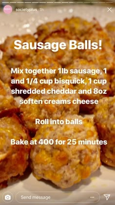 sausage balls on a plate with instructions for how to make them in the microwave or oven