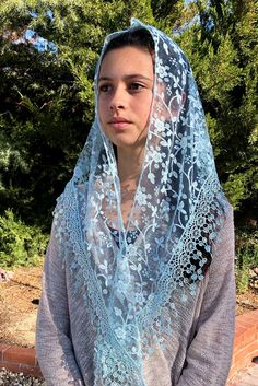 This Chapel Veil is Beautifully Handmade of Sheer Cherry Blossom Lace and Trim It is my Hope for women to return to the tradition of wearing a head covering in church. So if I wanted one, I would have to make it myself, and I did. My Mission is to try and reignite in our hearts the love for our faith, and the Presence of Christ in the Eucharist. I want to invite women to proclaim their faith in the Real Presence by making an external sign of their inner desire to humble before God. When women ve Blue One Size Headscarf For Spring, Traditional Headscarf, Chapel Veils, Chapel Veil Catholic, Blue Veil, Saint Candles, Liturgical Seasons, Mantilla Veil, Head Coverings