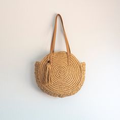 Elena Handbags Straw Woven Round Tote with Leather Strap and Tassel Spring Travel Beach Bag With Round Handle, Trendy Beach Straw Bag With Tassels, Casual Fringe Straw Bag For Vacation, Casual Straw Bag With Fringe For Vacation, Trendy Crochet Travel Bag With Tassels, Summer Fringe Bag For Everyday Use, Chic Straw Bag With Tassels For Travel, Summer Beach Bag With Fringe For Travel, Casual Crochet Fringe Bag For Travel