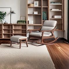 a living room filled with furniture and bookshelves next to a large window on top of a hard wood floor