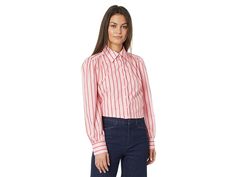 English Factory Stripe Shirt - Women's Clothing : Pink : Get ready for work or formal occasions by wearing the English Factory Stripe Shirt. The vertical stripe pattern of the shirt makes it perfect to pair with different styles and looks. This striped shirt is crafted from cotton fabric that offers comfort and breathability. The front buttoned closure of the shirt offers easy wear. A must-have for your wardrobe, you can match this formal shirt with dress pants and trousers. Regular fit. Long sl Vertical Stripes Shirt For Office In Spring, Spring Office Shirt With Vertical Stripes, Vertical Striped Shirt For Office In Spring, Spring Office Tops With Vertical Stripes, Collared Pinstripe Top For Workwear, Striped Collared Blouse For Business Casual, Collared Shirt With Vertical Stripes For Work, Pinstripe Collared Office Shirt, Classic Pinstripe Blouse For Work