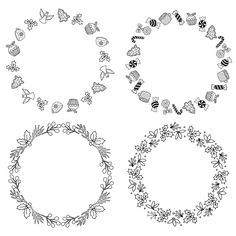 four circular frames with different designs on them