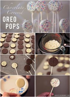 chocolate covered oreo pops with sprinkles and white frosting on them