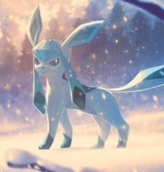 an animated image of a white and blue pokemon in the snow with stars behind it