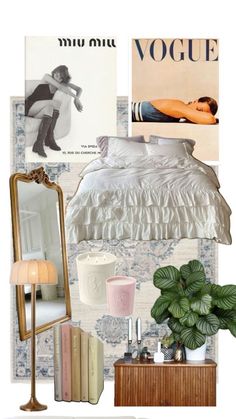 a collage of various items including a bed, mirror and lamp