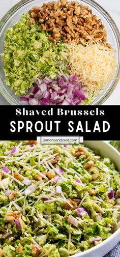 shaved brussels sprout salad in a glass bowl