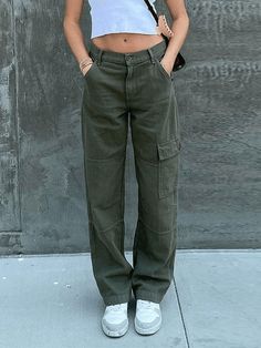 Jeans With Pocket On The Side Pocket Patched Straight Cargo Jeans - AnotherChill Jeans Online Store, Green Cargo Pants, Pants Women Fashion, Jeans Cargo, Green Cargo, 90s Streetwear, Jeans Casual, Straight Trousers, Baggy Pant