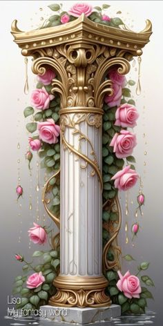 an ornate column with pink roses on it