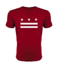 a red t - shirt with three stars on the chest and two white stripes across the chest