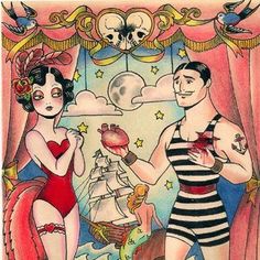 a drawing of two women dressed in bathing suits, one holding a heart and the other wearing a sailor's hat