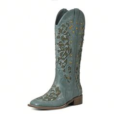 Step into style with our Rhinestone Cowgirl Chic Cowboy Boots! These boots feature beautiful embroidery and sparkling rhinestones, giving them a unique, eye-catching look. The chunky mid heel provides both comfort and height, making them the perfect choice for any occasion. Elevate your wardrobe with these chic and timeless boots. Color : Green Closure Type : Slip on Insole Material : PU Leather Lining Material : PU Leather Outsole Material : Rubber Upper Material : PU Leather Embellished Festival Boots For Fall, Western Boots With Rhinestone Rivets For Winter, Western Winter Boots With Rhinestone Rivets, Fall Rhinestone Boots With Round Toe, Fall Boots With Rhinestones And Round Toe, Fall Rhinestone Round Toe Boots, Fall Rhinestone Boots, Western Rhinestone Boots With Round Toe, Western Boots With Rhinestones And Round Toe