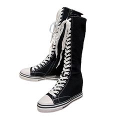 Women Shoes, Canvas Casual High Top Shoes, Long Boots, Lace-Up Zipper Boots, Flat Boots, Sneakers, Zipper Boots, Combat Boots, Gothic Punk Boots, Canvas Boots, Boots, Punk Boots, Gothic Boots. Black Women's Boots. Cozy meets contemporary with these super comfortable, super stylish boots. These sneaker-inspired high-top boots are perfect for everyday wear. Made from high quality materials with breathable cotton canvas upper and lining, and reinforced stitching and support panels they provide both Casual Lace-up Boots With Vulcanized Sole, Casual Knee-high Boots With Laces, Casual Knee-high Lace-up Boots, Black High-top Sneakers With Round Toe And Lace-up Fastening, High-top Boots With Front Lace-up For Spring, Spring High-top Lace-up Boots, High-top Laced Boots For Spring, Sporty High-top Lace-up Boots For Streetwear, Black High-top Sneakers For Winter