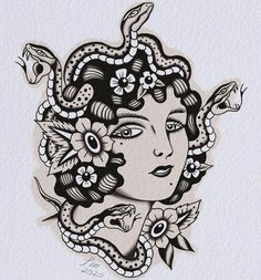 a drawing of a woman's face with flowers in her hair and snake around her neck