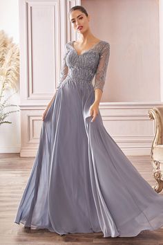 Flowy chiffon a-line gown with three-quarter sleeves and trickle embellished bodice. Long Sleeve Chiffon Dress, Formal Prom Dresses Long, Smoky Blue, Cinderella Divine, Prom Ball Gown, Beaded Chiffon, Beaded Bodice, Chiffon Gown, Chiffon Long Sleeve