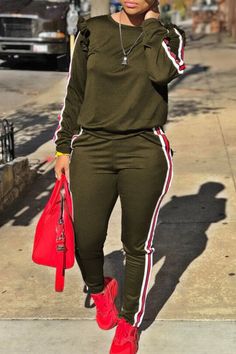 Casual Patchwork Army Green Blending Two-piece Pants Set Sporty Clothes, Chanel Sweater, Sweat Suit, Pants Outfit Casual, Two Piece Pants Set, Casual Stripes, Sporty Outfits, Tracksuit Women, Swag Outfits