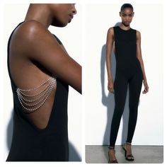 Zara Seamless Jewel Rhinestone Cut Out Jumpsuit Size M-L Nwt Ref# 7901/394 Full-Length Round Neck Sleeveless Jumpsuit. Jewel Appliqu Detail. Stretchy 95% Polyamide 5% Elastane. Which Has At Least:55% Rcs-Certified Recycled Polyamide. Items Are Retail Store Purchases And May Have Been Handled Or Tried On By Store Customers Prior To Sending, Photos Are Taken Of Item With Shipping Label And A Zip Tie Tag Attached To Represent The Item Purchased. Elegant Rhinestone Jumpsuits For Night Out, Elegant Black Bodysuit With Rhinestones, Silver Sleeveless Bodysuit For Party, Silver Sleeveless Jumpsuit For Evening, Silver Sleeveless Party Bodysuit, Silver Sleeveless Evening Jumpsuits And Rompers, Silver Sleeveless Evening Jumpsuit, Elegant Sleeveless Bodysuit By Zara, Elegant Sleeveless Zara Bodysuit