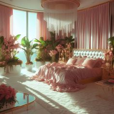 a bedroom decorated in pink and white with lots of flowers