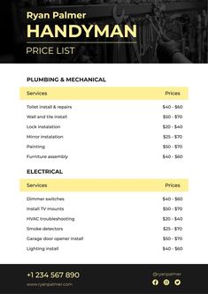 the handyman price list is shown in black and yellow, with an image of a man