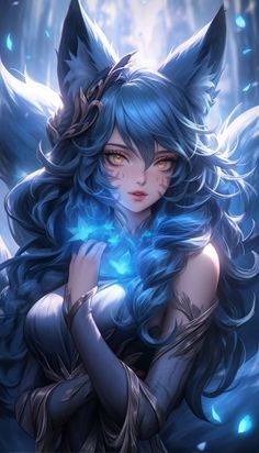 an anime character with blue hair and horns