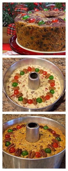 three different pictures of a cake with jelly beans on it