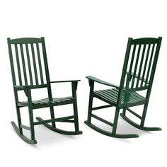 two green rocking chairs sitting next to each other