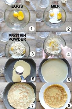 the steps to making pancakes in pans on top of a wooden table with eggs and milk