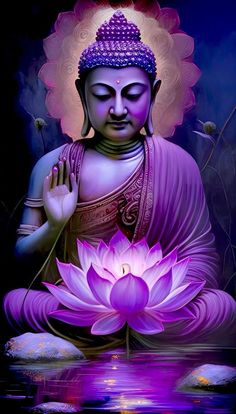 the buddha is sitting in front of a purple flower