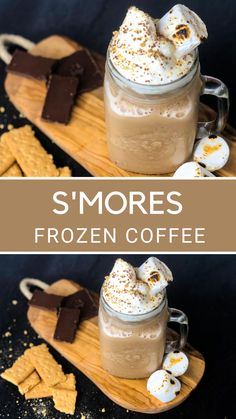 two mugs filled with hot chocolate and marshmallows on top of a cutting board