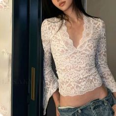 Lasaky - Seductive Deep V-neck Flared Sleeve Lace Blouse White Lace Blouse, Summer Streetwear, Sheer Shirt, Summer Crop Tops, Tops Fashion, Bottoming Shirt, Women Long Sleeve Tops, Fashion Seasons, Custom Dresses