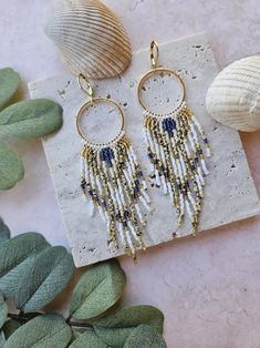 Boho Chic Beaded Hoop Earring Beachy Hoop Earring Blue Fringe Earring Gift for Her Beach Jewelry Gold Hoop Beaded Earring Blue Long Fringe - Etsy Gold Beaded Hoop Earrings For The Beach, Bohemian Heishi Beaded Hoop Earrings, Bohemian Small Hoop Beaded Earrings With Dangling Beads, Bohemian Hoop Beaded Earrings With Heishi Beads, Bohemian Hoop Earrings With Heishi Beads, Bohemian Heishi Beads Hoop Earrings As Gift, Bohemian Tiny Beads Hoop Earrings, Dangle Hoop Earrings With Tiny Beads For Beach, Beaded Hoop Jewelry For Beach