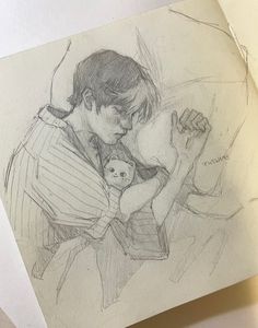 a drawing of a boy holding a teddy bear