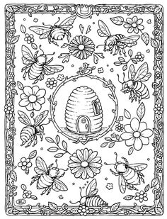 a coloring page with bees, flowers and a beehive in the middle of it