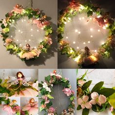 several pictures of fairy lights and wreaths